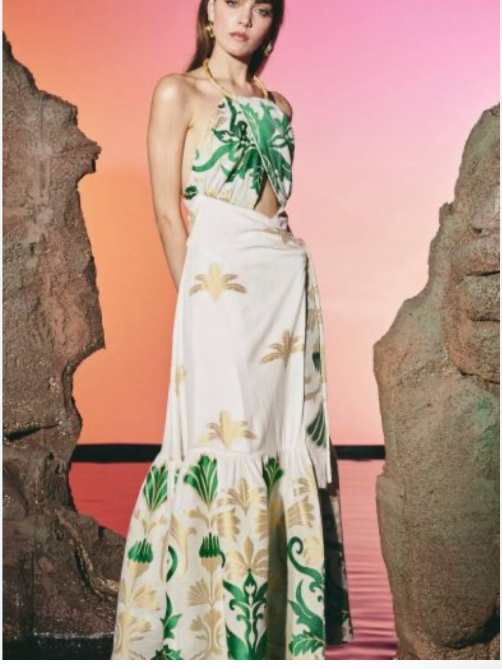 Tropical Green & Cream Halter Maxi Dress